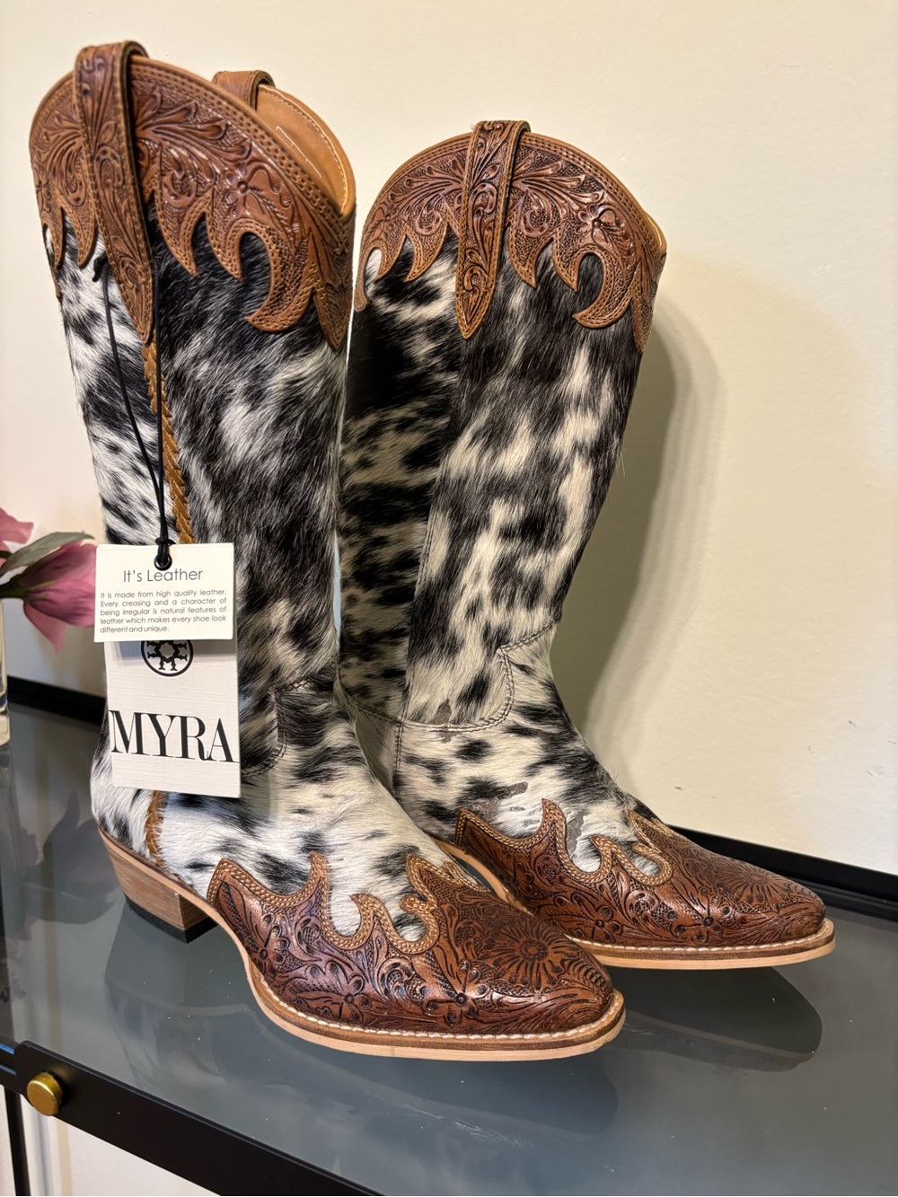 Myra Bag Black-and-White Hair-On Hide Western Boots with Brown Tooled Leather
